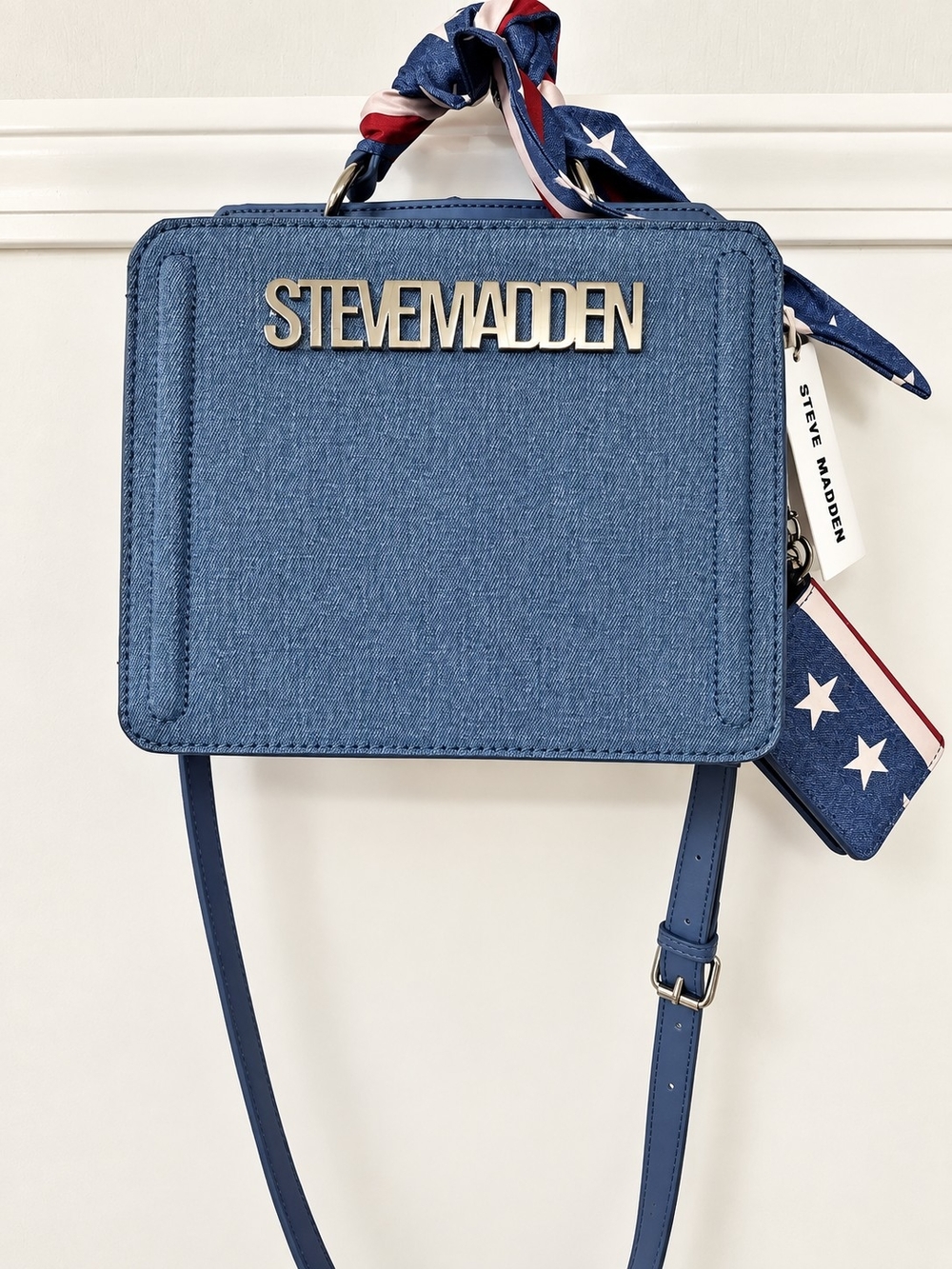 Steve Madden Denim Blue Crossbody Bag Scarf Strap Card Holder New With Tags
